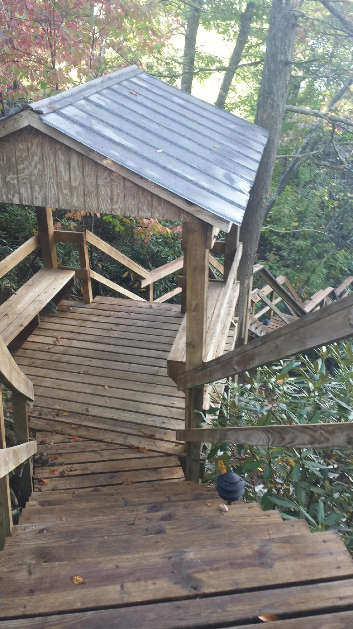Metal roofed shelter over wooden steps on a wooded walkway — Skylight Repair & Installation work by our crew in Lockeford